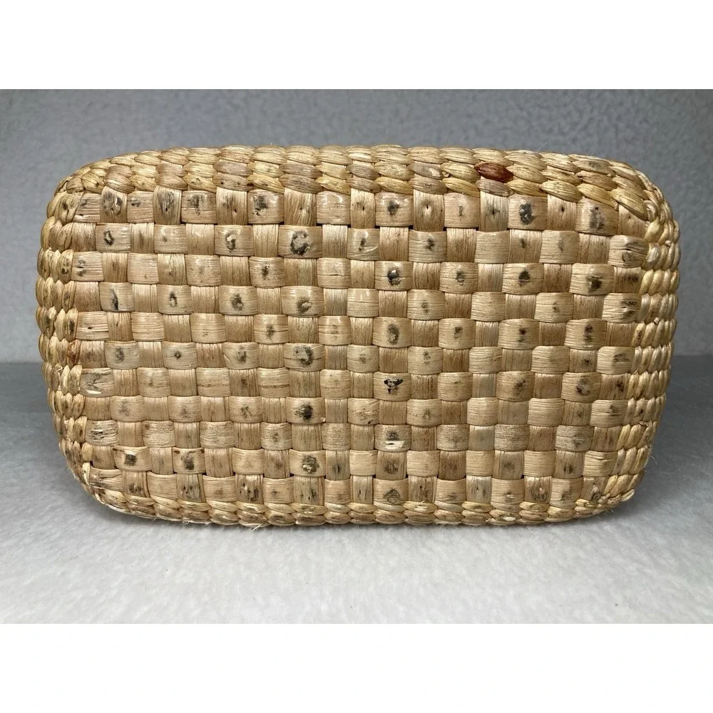 Vintage Handwoven Straw Wicker Purse Market Tote Bag Wooden Rattan Boho Beach